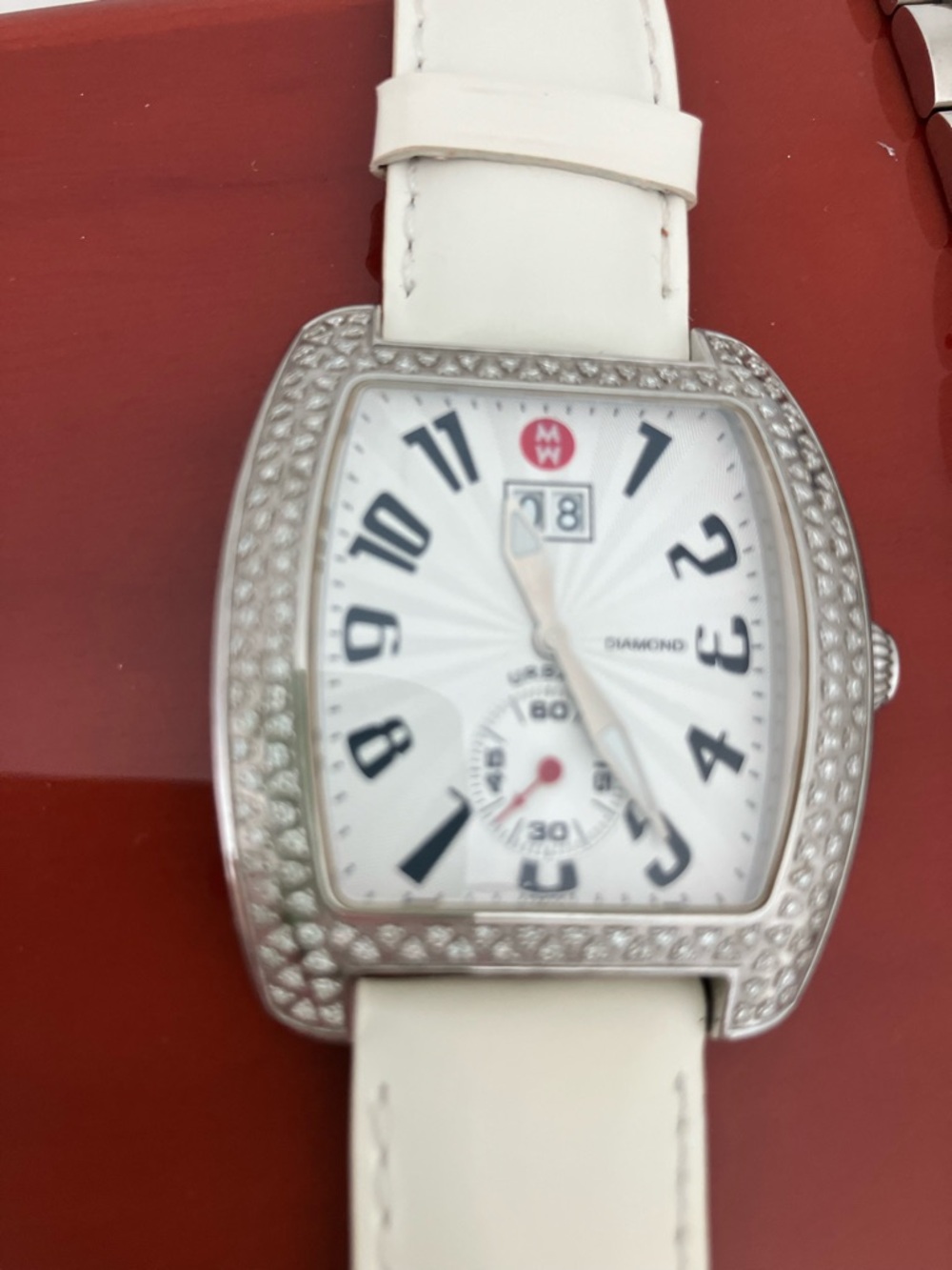 Michele Urban Silver Diamond Bezel Watch, Patent Leather, black and white Strap